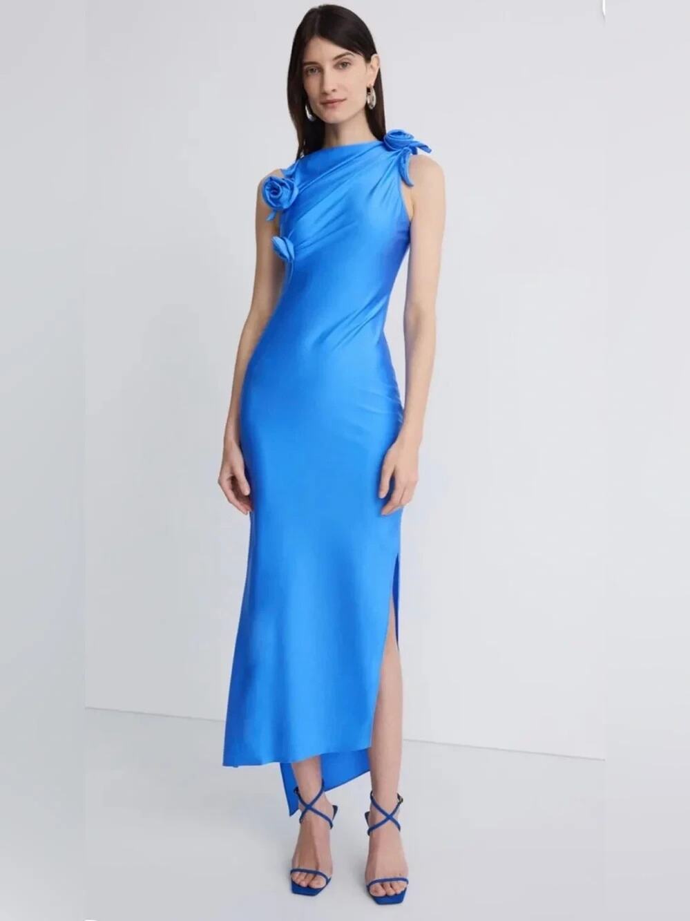 Coperni Asymmetric Flower Gown Satin Sleeveless Rosette Midi Dress Blue